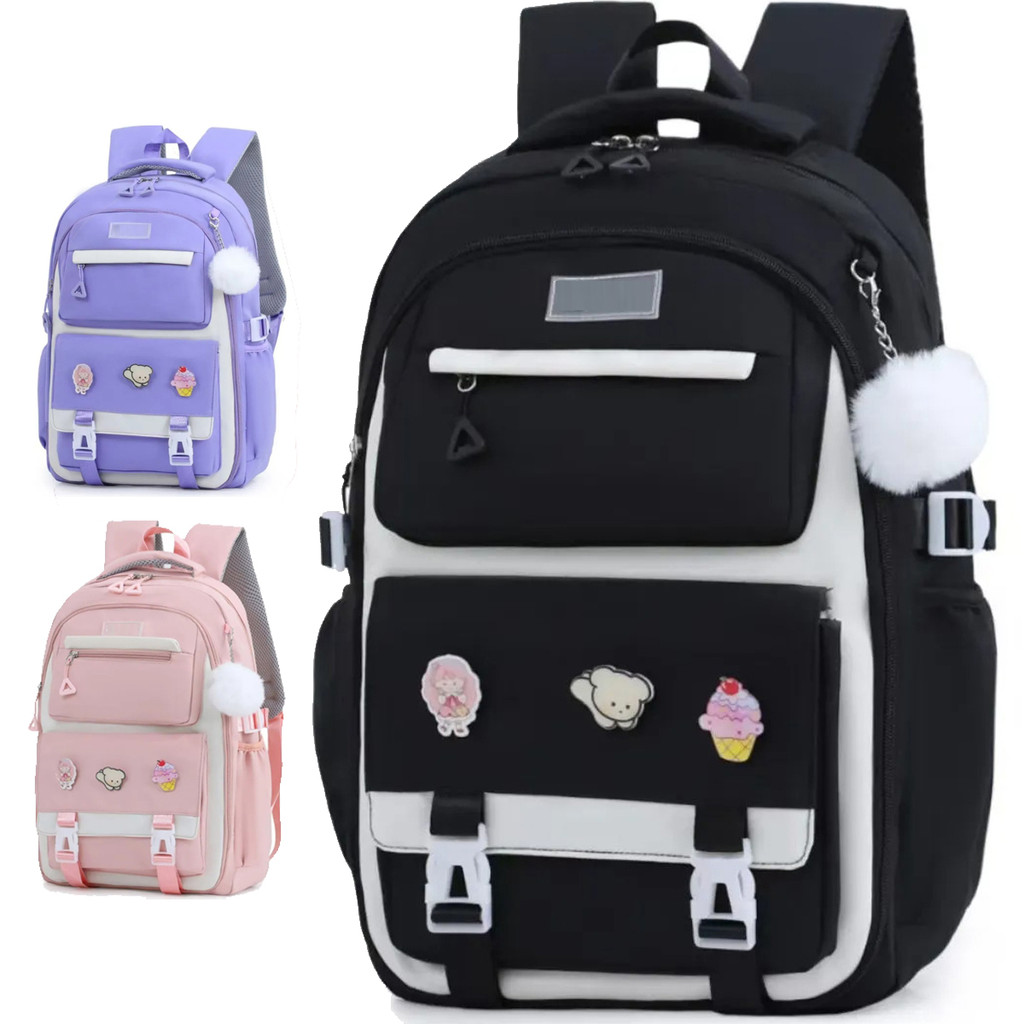 Mochila Escolar Grande Juvenil Infanti; com Pompom Patches Estilosa Reforçada Impermeável Tippi