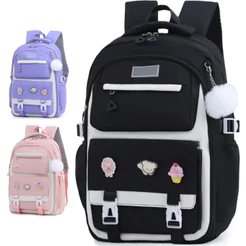 Mochila Escolar Grande Juvenil Infanti; com Pompom Patches Estilosa Reforçada Impermeável Tippi