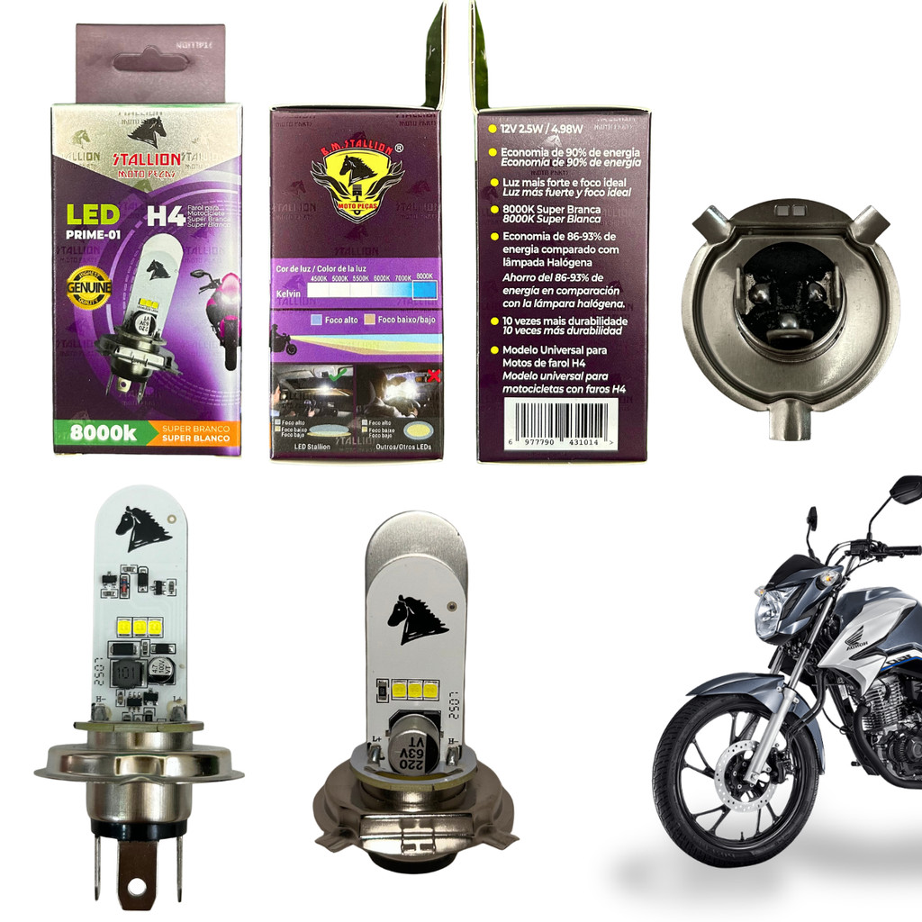 Lâmpada Farol LED Moto H4 Cavalinho 8000K Efeito Xenon