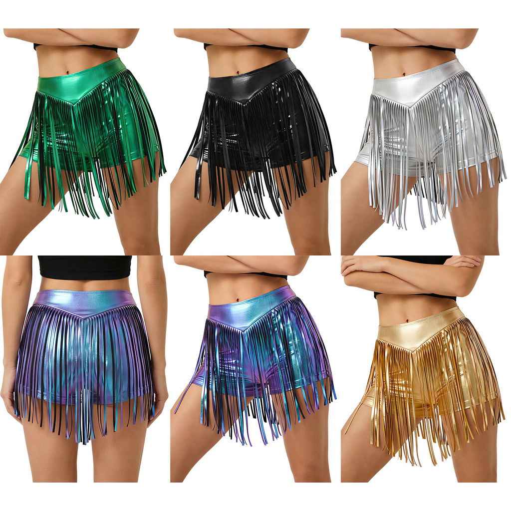 inhzoy Calça Feminina Metálica Iridescente Com Borla , Cintura Alta , Franjas , Shorts Atrevidos Para Dança De Palco , J