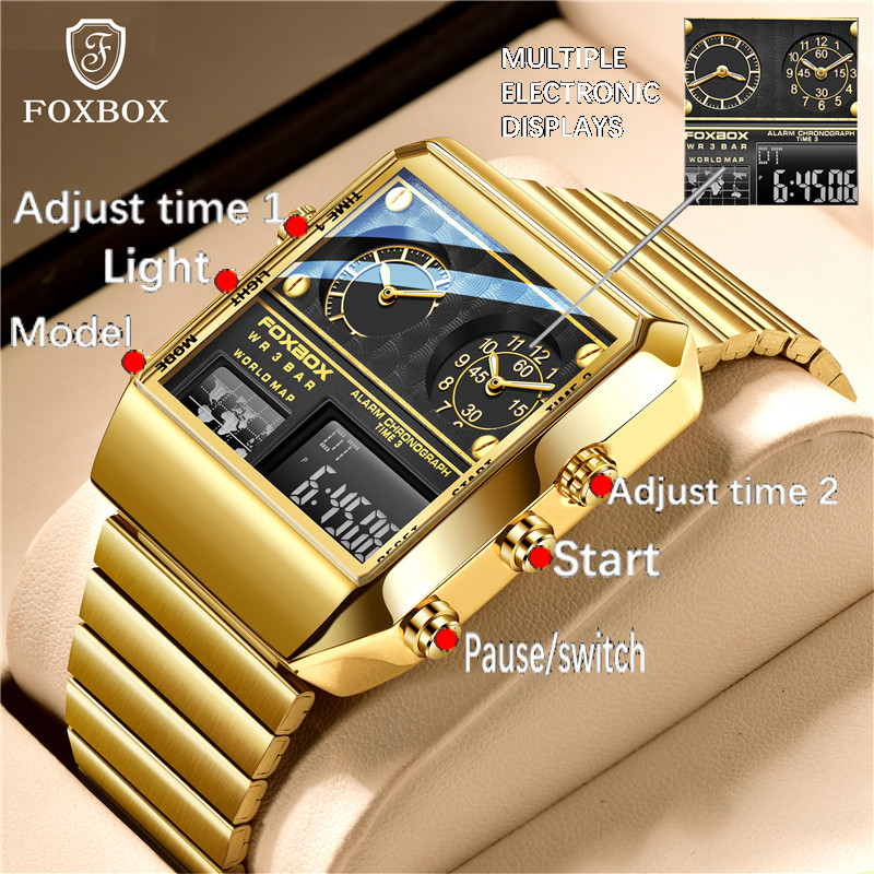 Foxbox Relógio digital masculino Marca Masculino Ouro Inoxidável Relógio À Prova D 'Água Relógio Masculino Dual Display