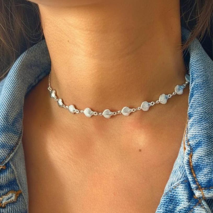 Choker Colar Concha Banhada a Prata Feminina Colar Praia Moda
