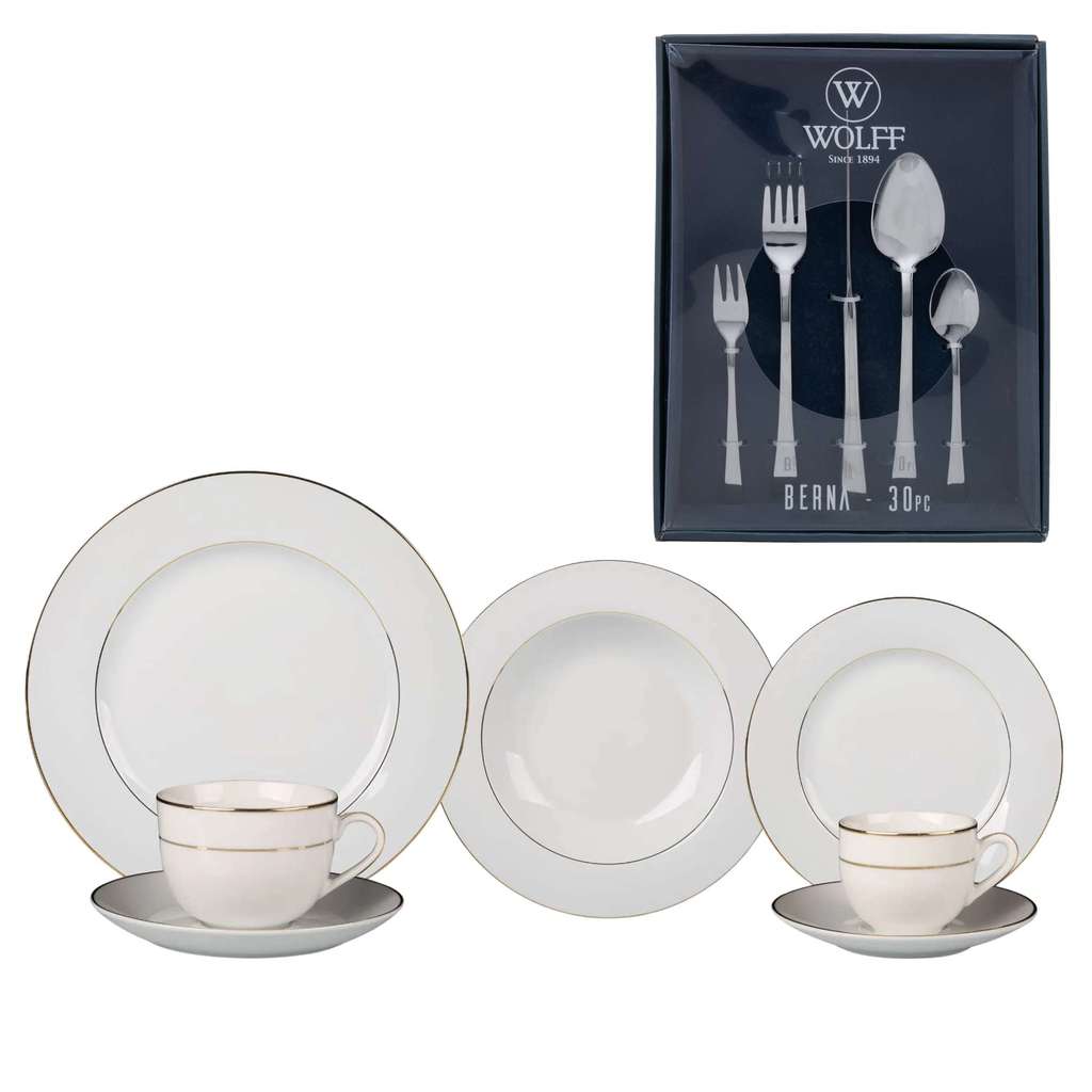 Kit Aparelho de jantar Majesty Gold 42 Peças de Porcelana L'Hermitage + Faqueiro Berna 30 Peças em Aço Inox da Wolff