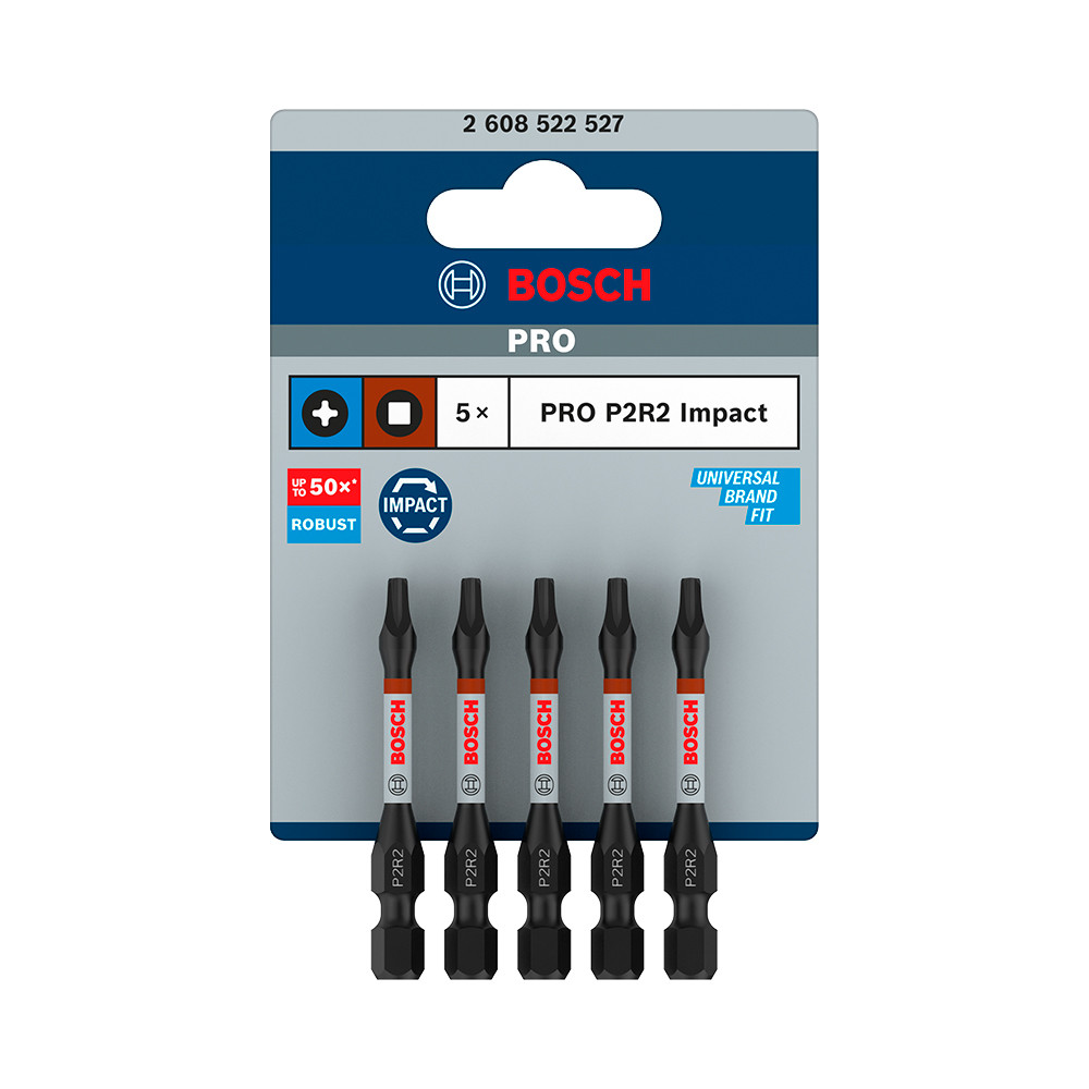 Pacote com 5 Bits Ponta Dupla Phillips e Quadrado 55mm P2R2 Pro Impact Bosch 2608522527