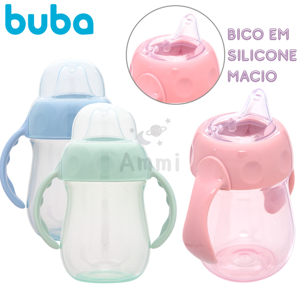 Copo de Treinamento Anti Vazamento Bebê Buba com Alça Bico de Silicone Macio com Tampa Infantil