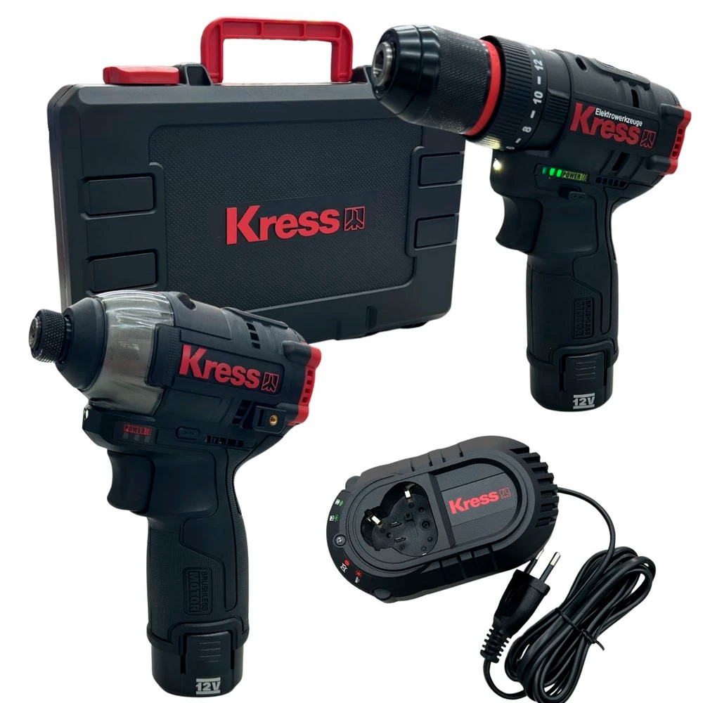 Kit Parafusadeira Furadeira de Impacto Brushless Profissional Kress KUG02 2 Bateria 2Ah Carregador