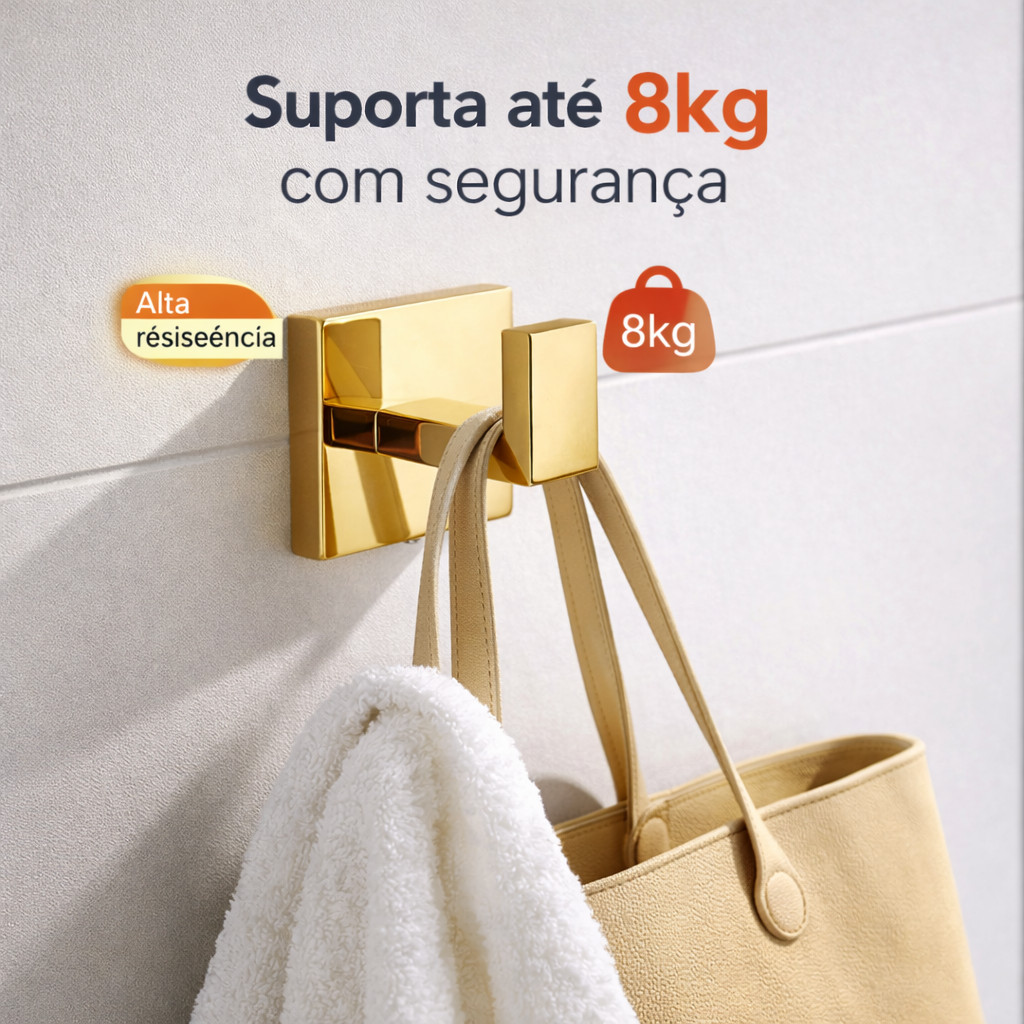 Gancho Banheiro Aço Inox 304 Dourado Instalação De Perfuração Parafuso Prego Dupla Face
