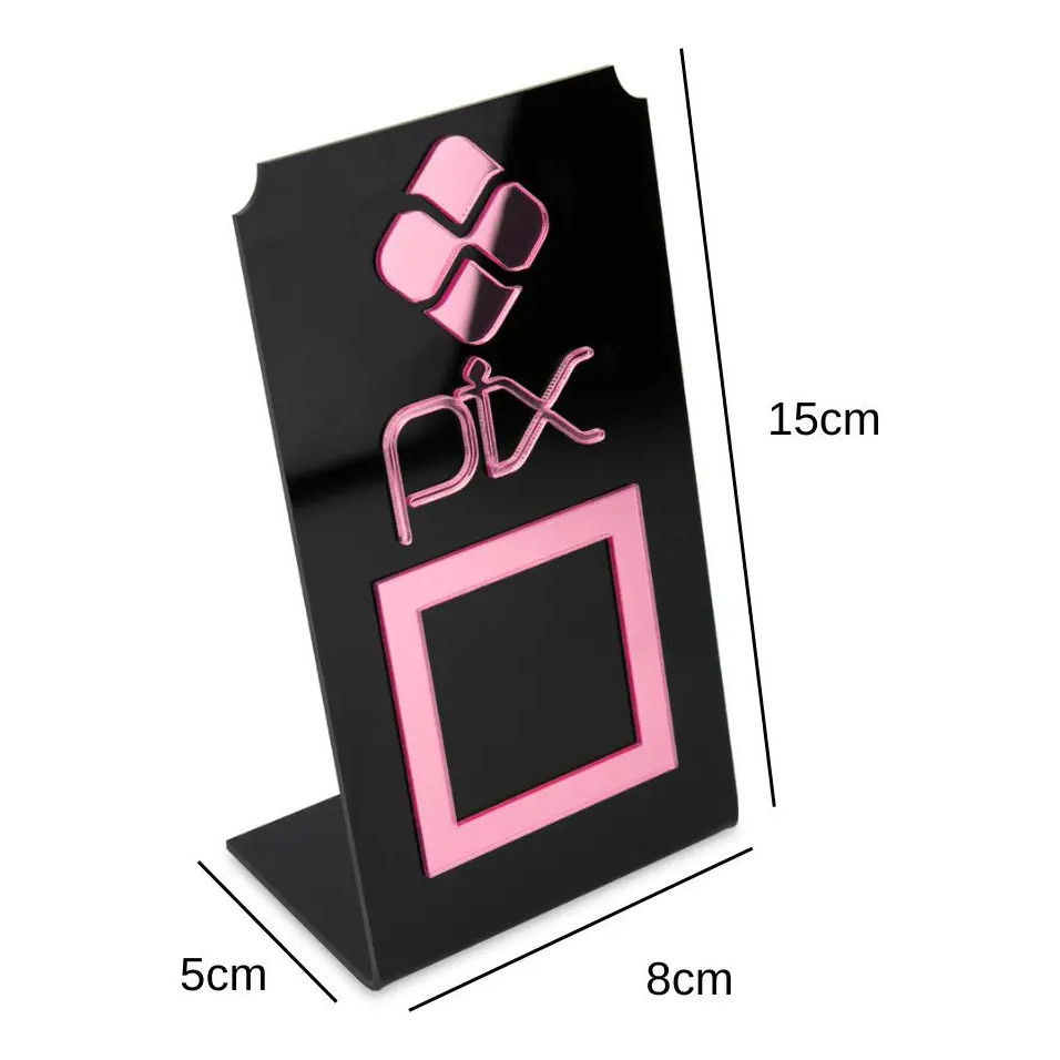 Placa Pix Qr Code Display Para Pagamentos Acrílico Preto Cor Preto E Rosa Plaquinha Bancada Balcão Loja Comércio