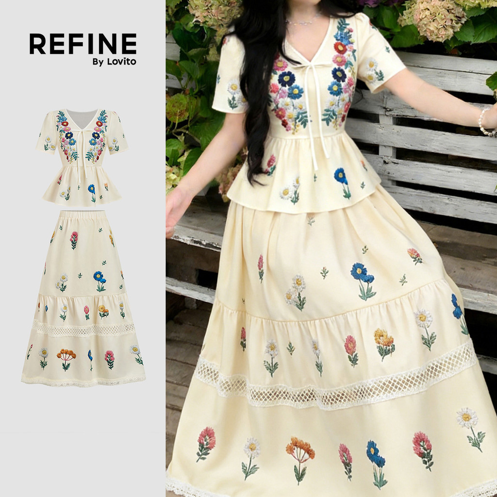 (Refine by Lovito) Tops ou Bottoms Boho com Renda Laço e Babados para Primavera/verão para Mulheres LR32L064 em Oferta na Shopee