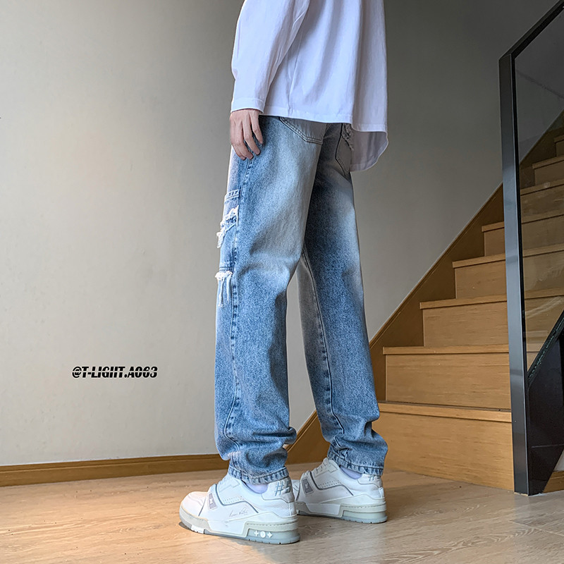 American vibe High street Jeans homens primavera street Wear Puffer bonito frito rua calças rasgadas Design desgastado c