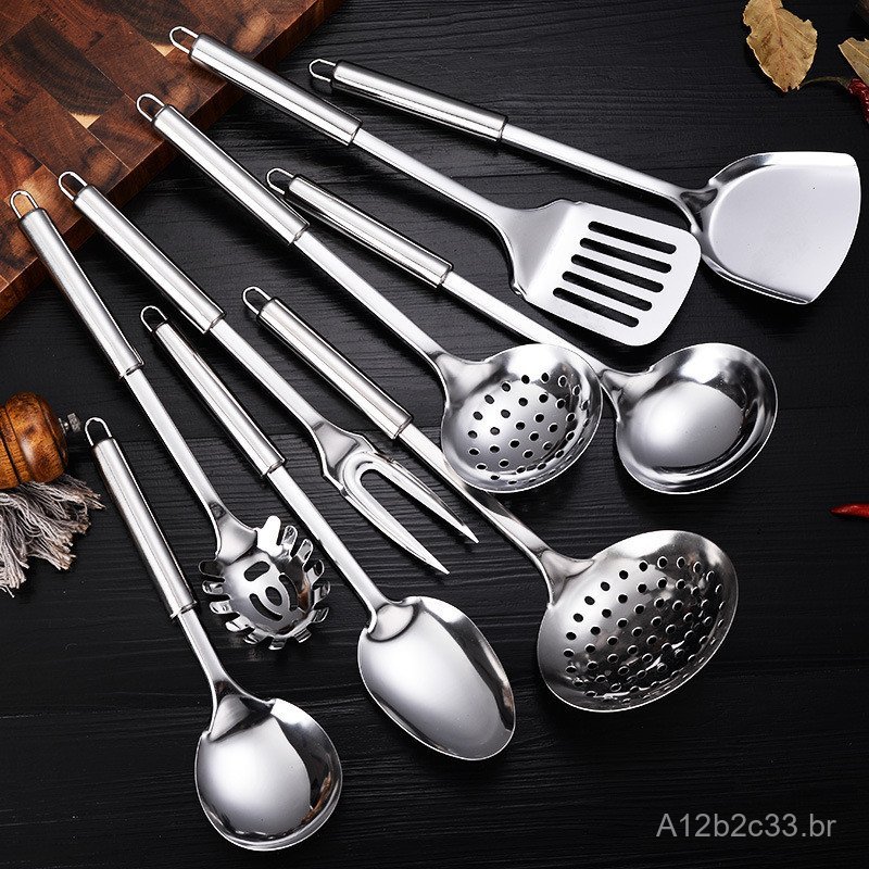 Conjunto de oito peças de espátula e concha de aço inoxidável para cozinha doméstica e de hotel, utensílios de cozinha,