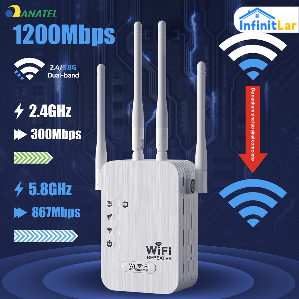 Amplificador de Sinal Wi-Fi 4 Antenas 1200Mbps Repetidor Roteador Bivolt Ideal para Casa Escritório G8
