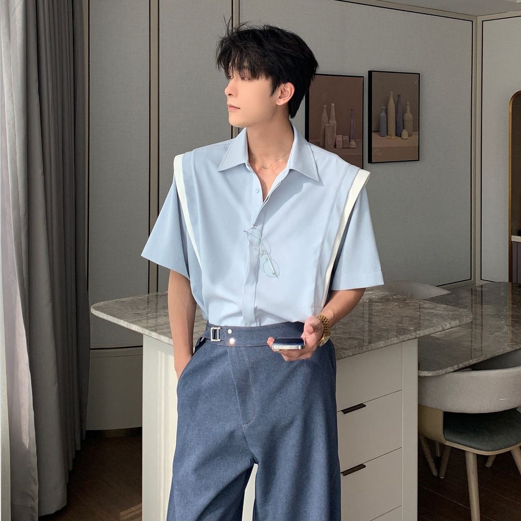 Contraste Cor Nicho Camisa de Manga Curta Masculina Design de Moda Costura 2026 Temperamento Camisa Masculina na Moda