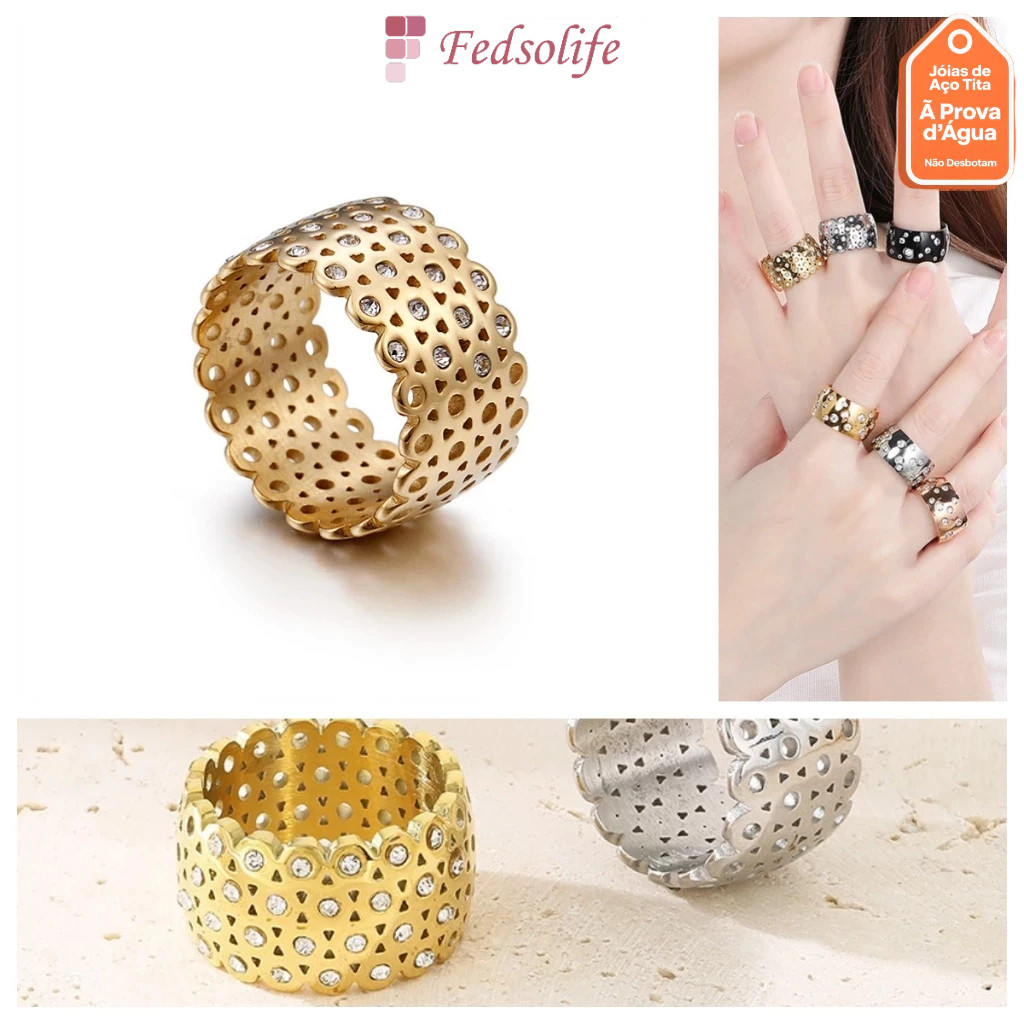 Fedsolife Jóias Populares com Anel de Diamante Anel de Ouro 18K Anel de Diamante Oco de Ouro