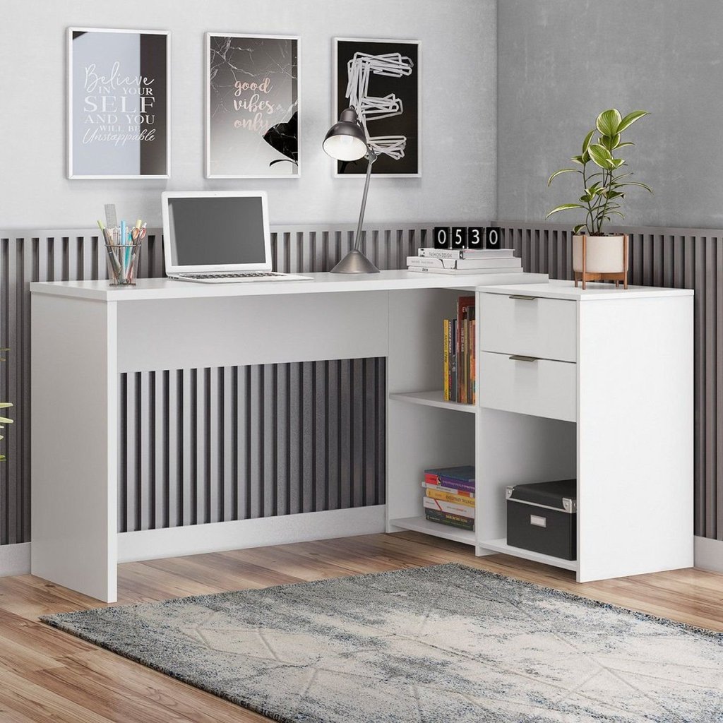 Escrivaninha Mesa Escritório em L Office NT 2060 2 Gavetas 3 Nichos 148,6cm Branco New Branco New