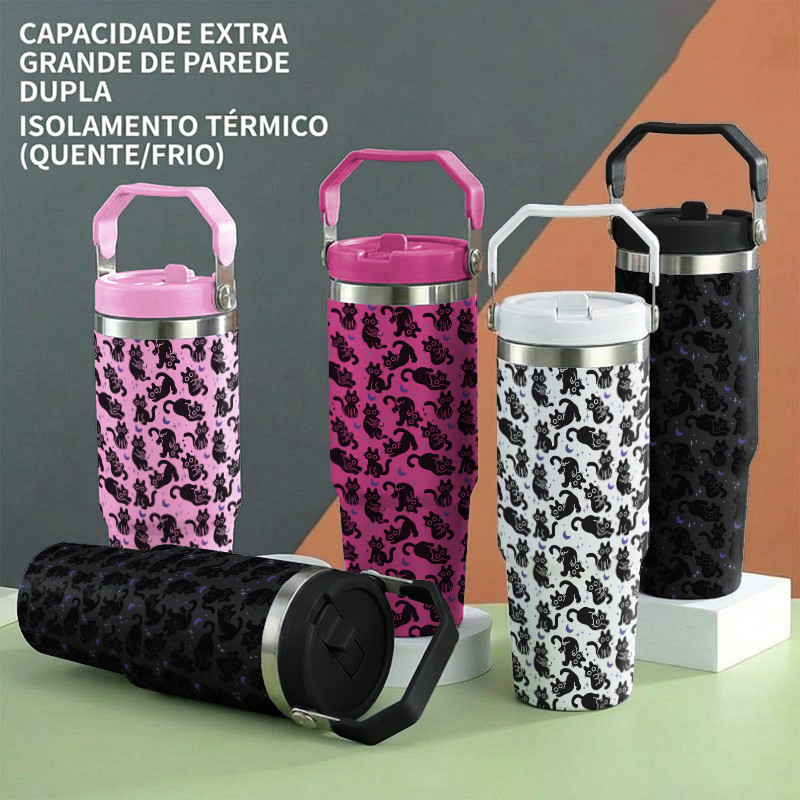 Copo Térmico Portátil De Aço Inoxidável De Grande Capacidade Para Uso Doméstico Com Canudo E Alça Gato Fofo