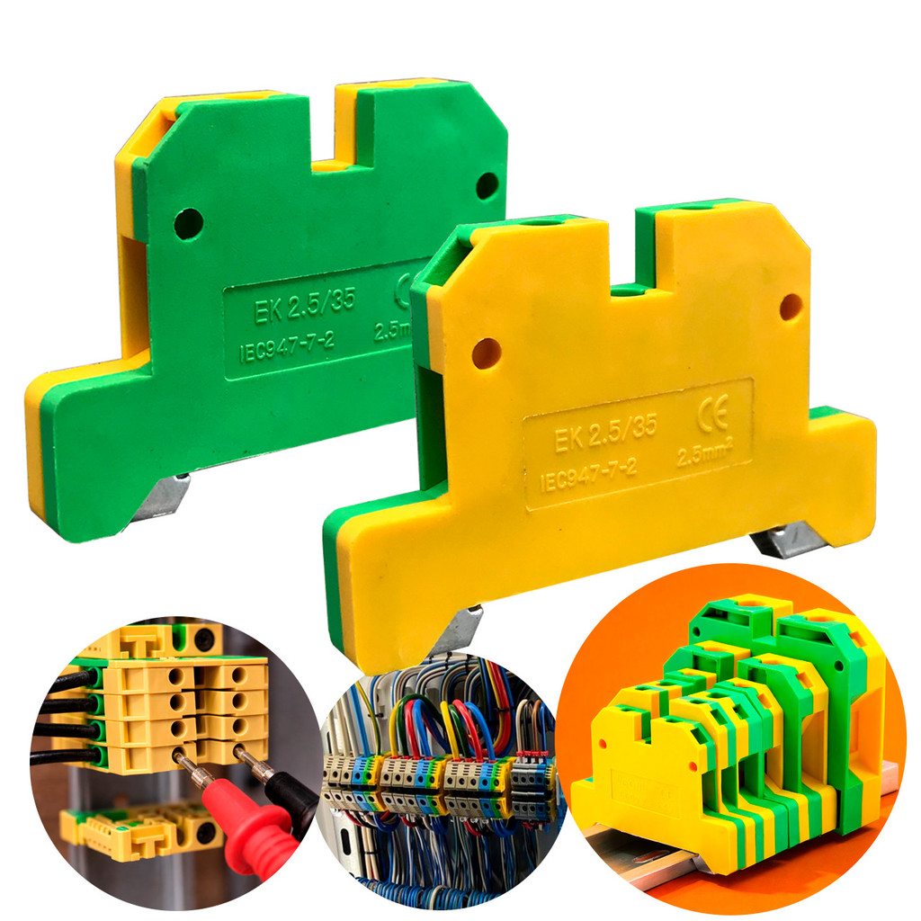 Borne Sak Terra Conector Passagem 2.5mm Verde Amarelo Terra Aterramento Elétrico Fixação Trilho Din