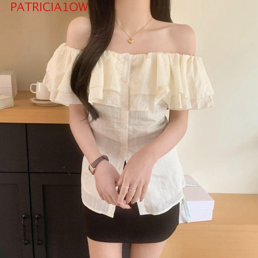 PATRICIA1OW Tops De Ombro , Camisetas Curtas Bege Finas Com Gola Canoa , Blusas De Manga Curta Estilo Y2K Babados