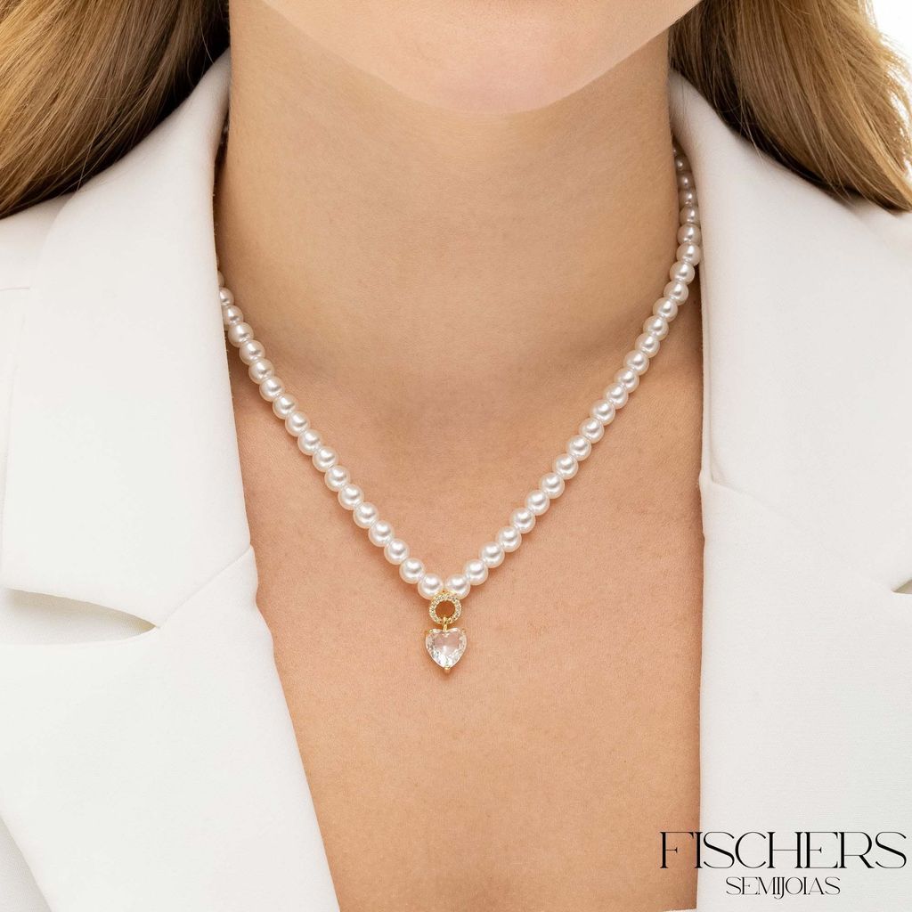 Choker Colar de Pérolas Pingente Coração Cristal Zircônia Banhado Ouro 18K Romântico - Fischer Semijoias