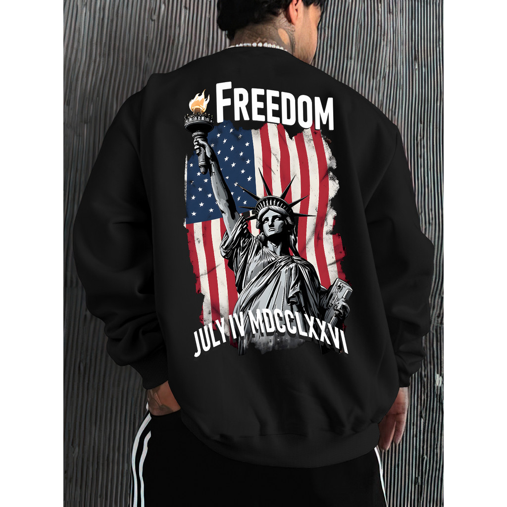 Moletom Masculina com Bandeira Negra e Estátua da Liberdade - Estampa de Liberdade com Lady Liberty, Pullover