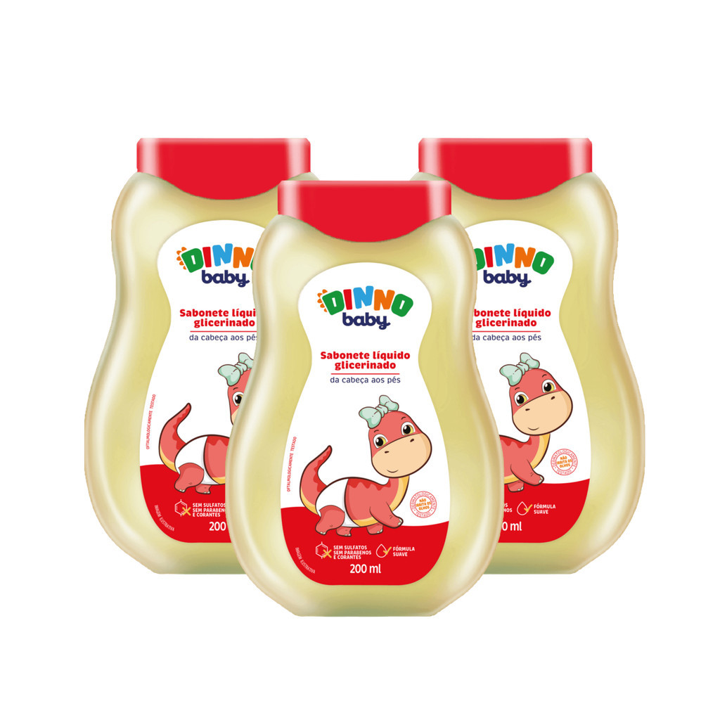 Kit 3 Sabonete Líquido Glicerinado Dinno Baby 200mL – Higiene Delicada e Segura da Cabeça aos Pés