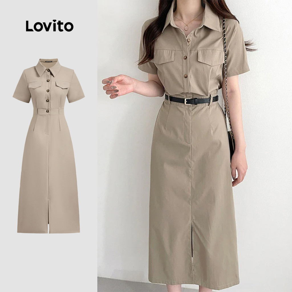 Lovito Vestido Elegante E Simples Com Bolso Falso E Botão, Primavera/verão, Vestido Marrom Mocha Para Mulheres L138ED432