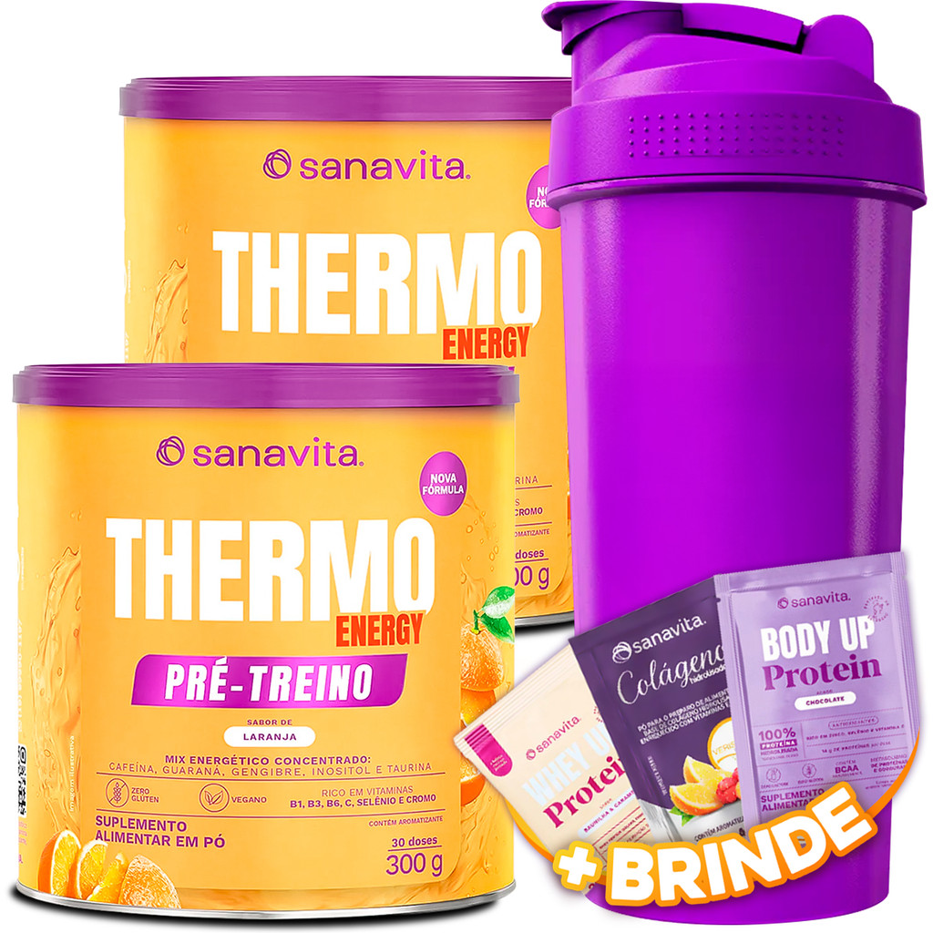 2x Termogênico Suplemento Thermo Energy Sanavita 300g Pré Treino Sabor Laranja + Coqueteleira