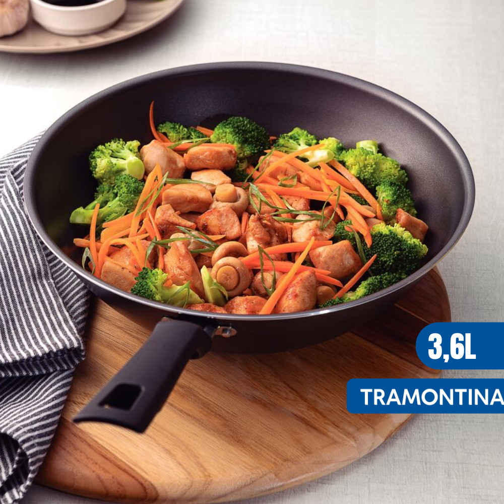 Panela Frigideira Wok Funda Antiaderente Loreto Grafite Alumínio 3,6L 28CM Tramontina Cozinha Comida Versátil Casa