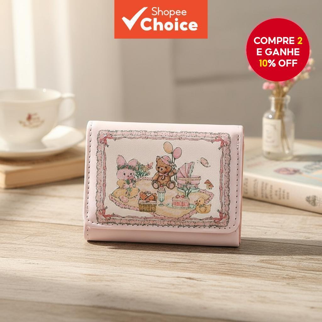  Carteira Feminina Doodle Bunny Bear - Porta-Cartões Compacto e Porta-Moedas