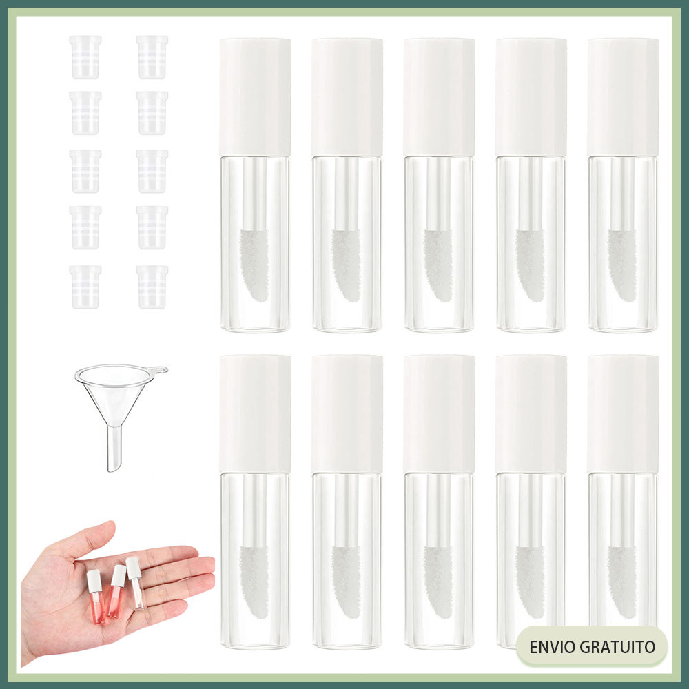 Kit 10 Mini tubo de brilho labial de 1,2 ml Frasco de batom de plástico transparente com tampa de borracha funil Branco
