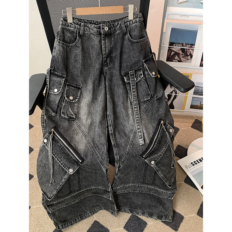 Calças de denim com múltiplos bolsos para mulheres e homens, streetwear americano, calças retas largas retrô, design de  em Oferta na Shopee