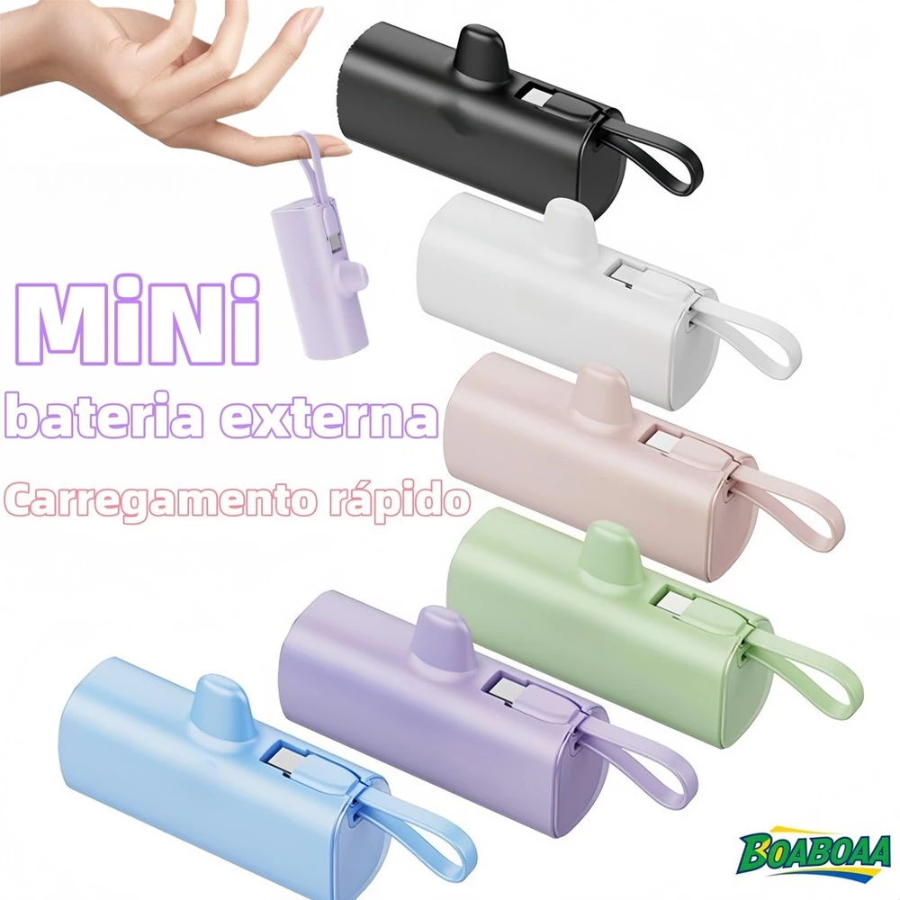 Carregador Mini Power Bank 5000mAh Bateria Sem Fio 2em1 Carregador Portátil para iPhone e Tipo-C