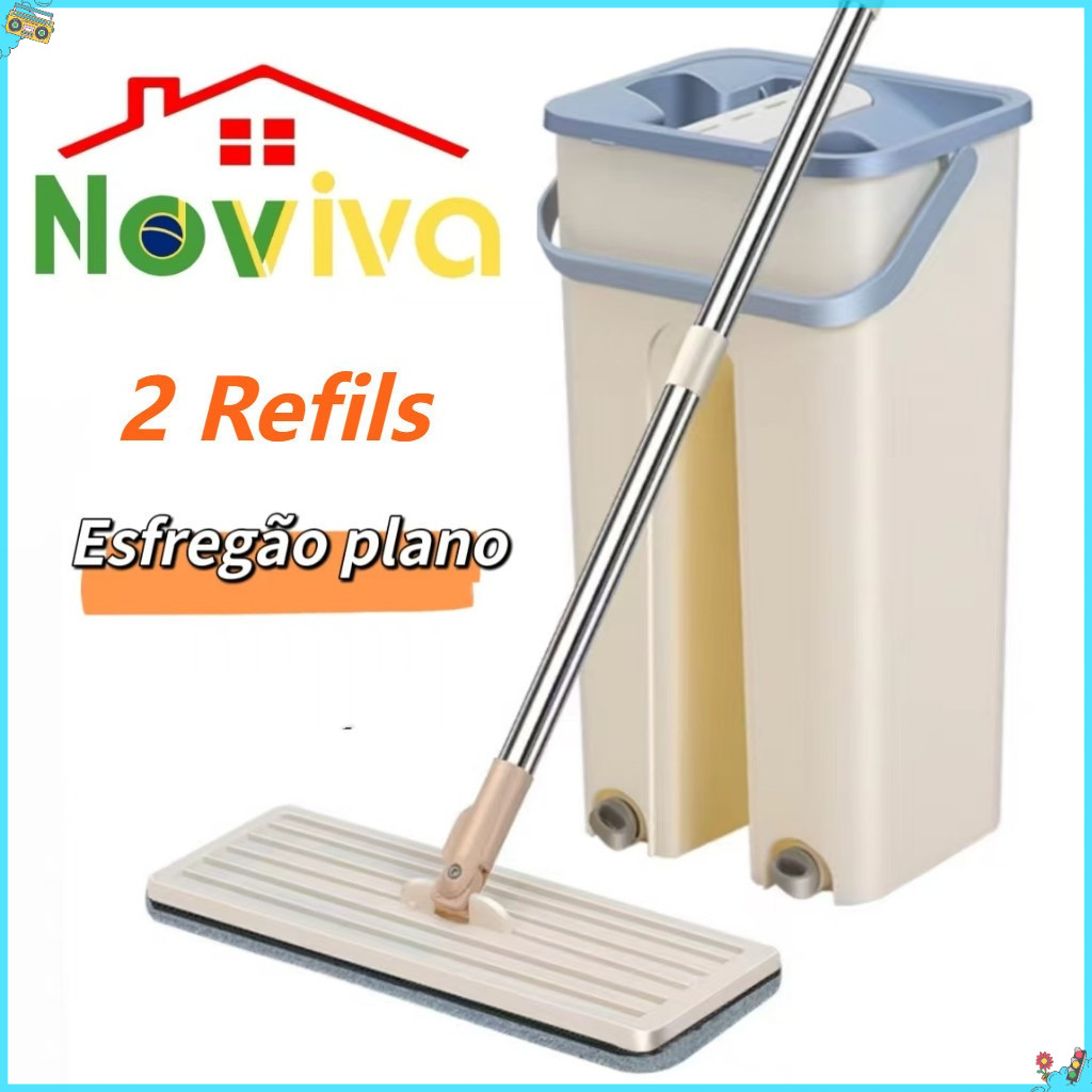 Imagem Mop Esfregão Flat Com 6L Balde Lava e Seca + Refil Microfibra | Cabo Inox Limpeza Prática|Noviva