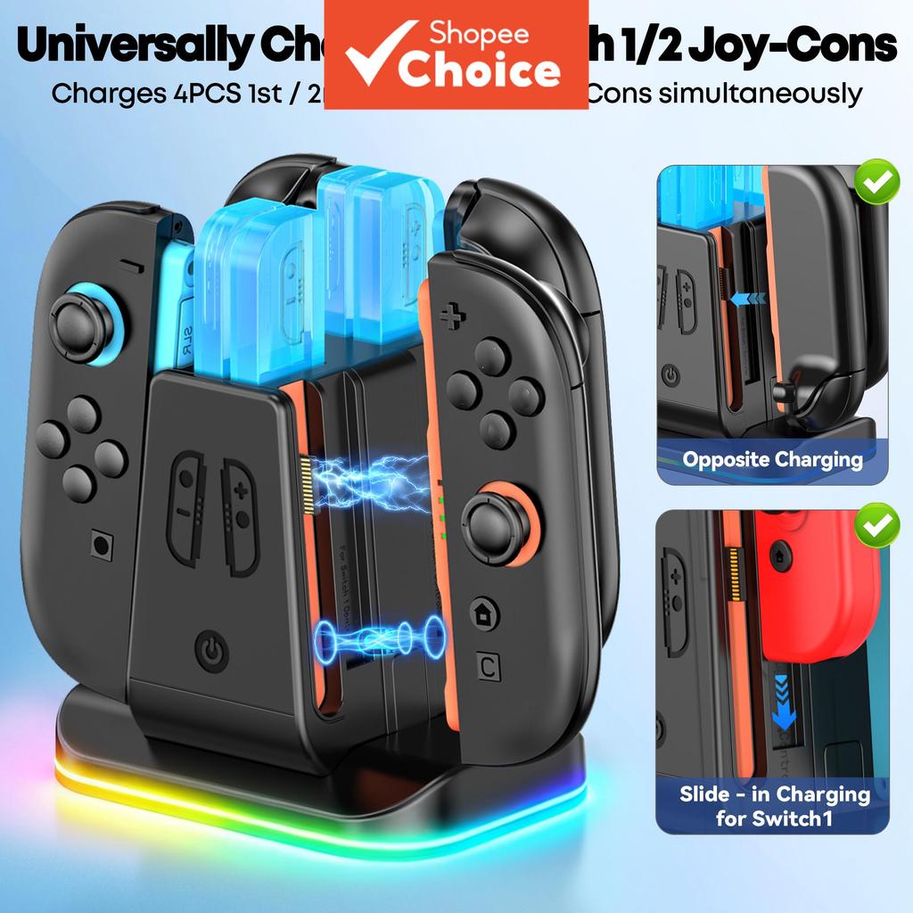 4 em 1 Base Carregadora para Nintendo Switch 1/OLED/2 Joy-Cons, Estação Carregadora Rápida com 9 Modos RGB