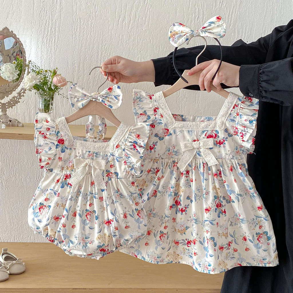 Roupas de bebê verão mês cheio roupas de bebê de manga curta doce impresso vestido de princesa moda irmãs roupas H90L