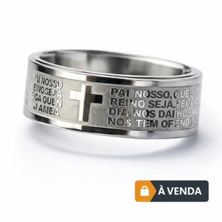Anel Masculino Prata Aço Inoxidável 316L com Cruz e Oração Pai Nosso Gravada Religioso, Antialérgico, Não Enferruja