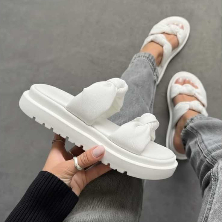 Sandália Feminina Plataforma Acolchoada com Laço Duas Tiras Confortável Lançamento OUTLETFLASH