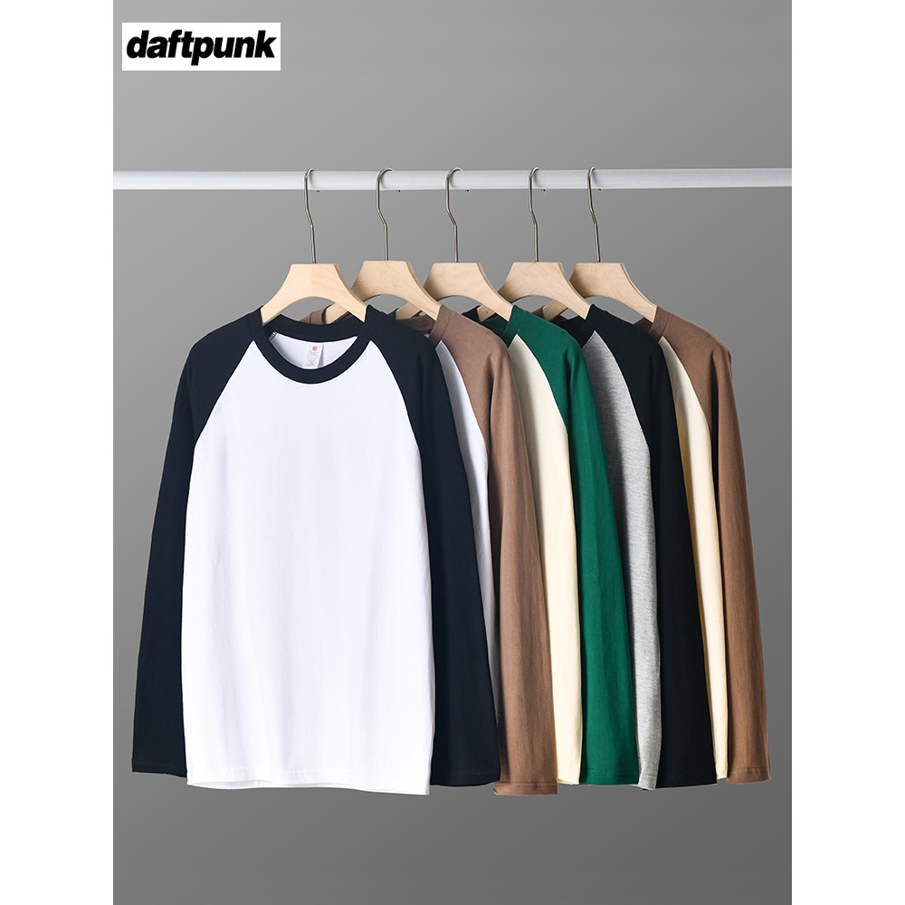 220G pesado Raglan manga comprida camiseta masculina primavera outono estilo americano contraste cor costura camisa de f