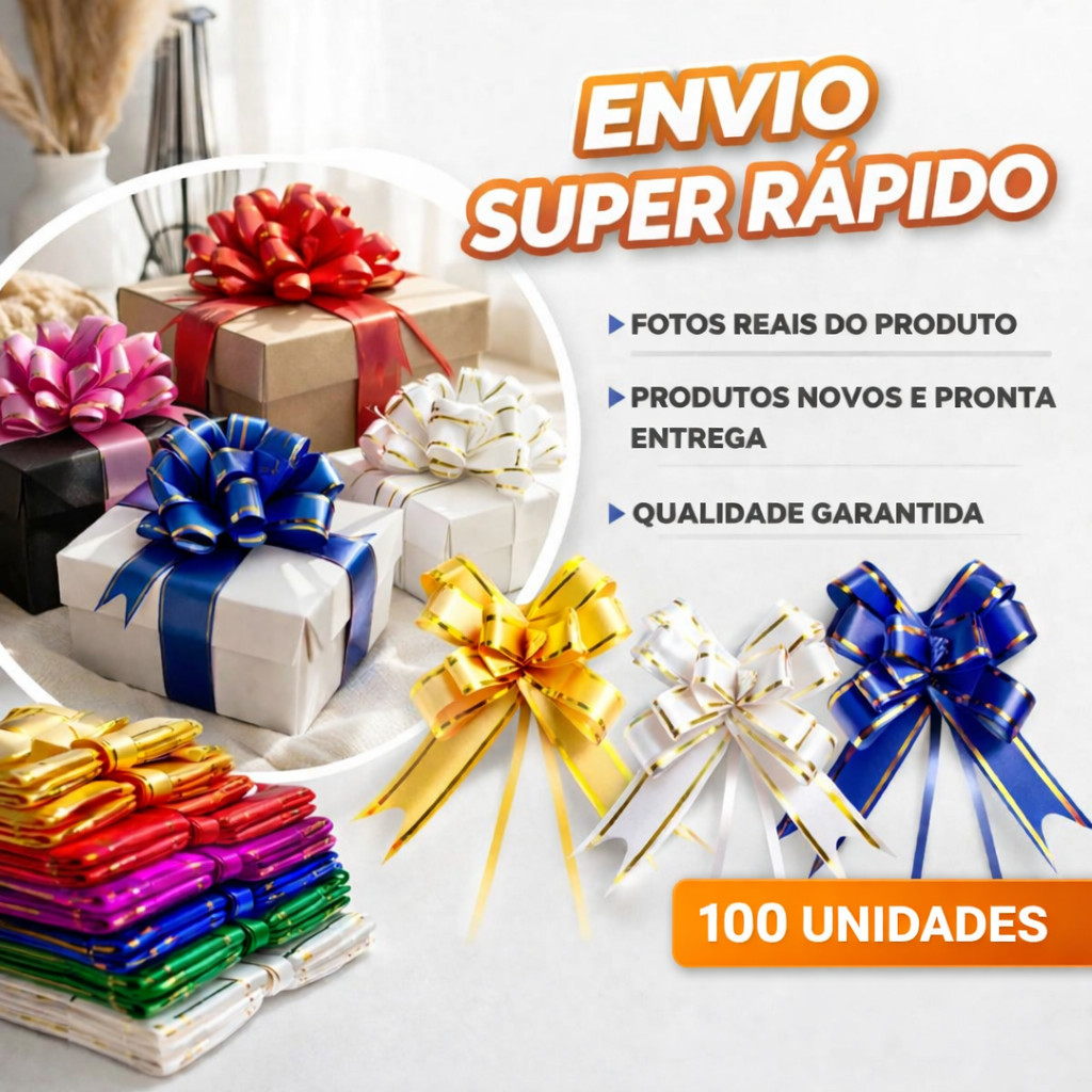 100 Laços Fácil Mágico com Filetes Dourado P/M/G – Presente – Com Cores Variadas