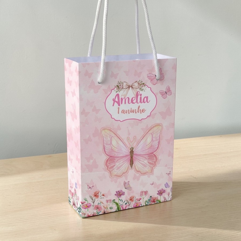 Sacolinha personalizada JARDIM DAS BORBOLETAS ROSA  PEGUE E MONTE | Personalizados lembrancinhas mimos