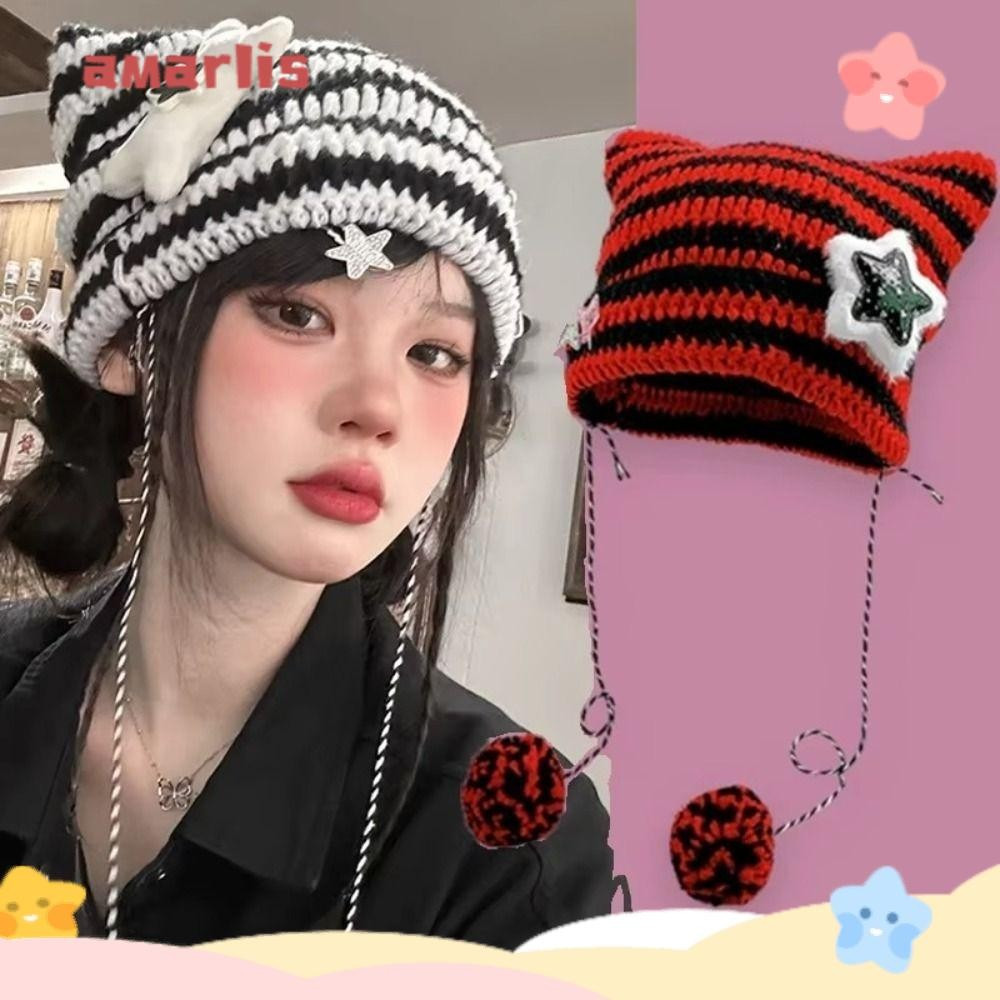 Gorro AMARLIS Y2K , Chapéu Y2K Bonito Listrado Estrela Diabo , Chapéus Femininos Orelha Do Gato Outono Inverno