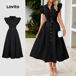 Lovito Babado Vestido Preto Elegante com Cinto e Botões Na Frente Vestido de Primavera/verão para mulheres L34LD142