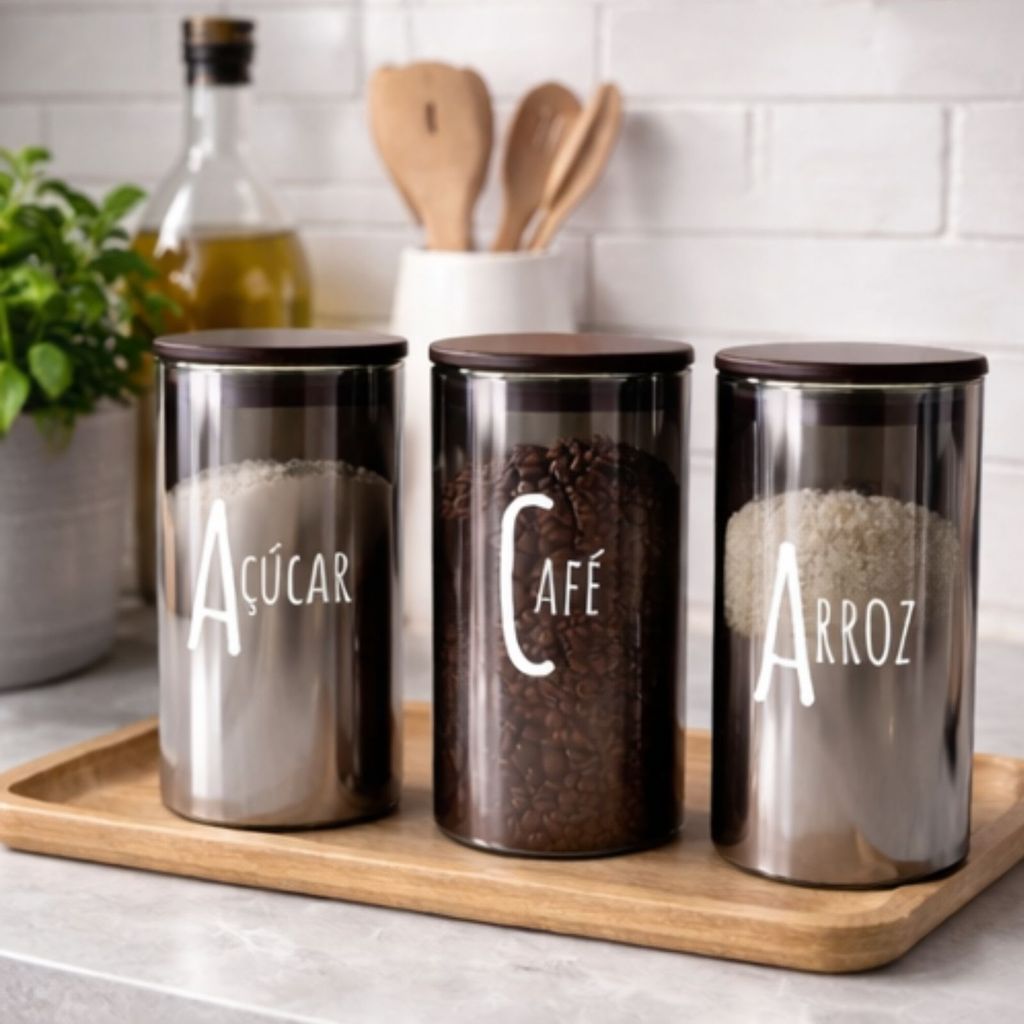Pote Hermetico em Vidro Preto Espelhado Fumê com Tampa de Bambu Personalizado 1,2l