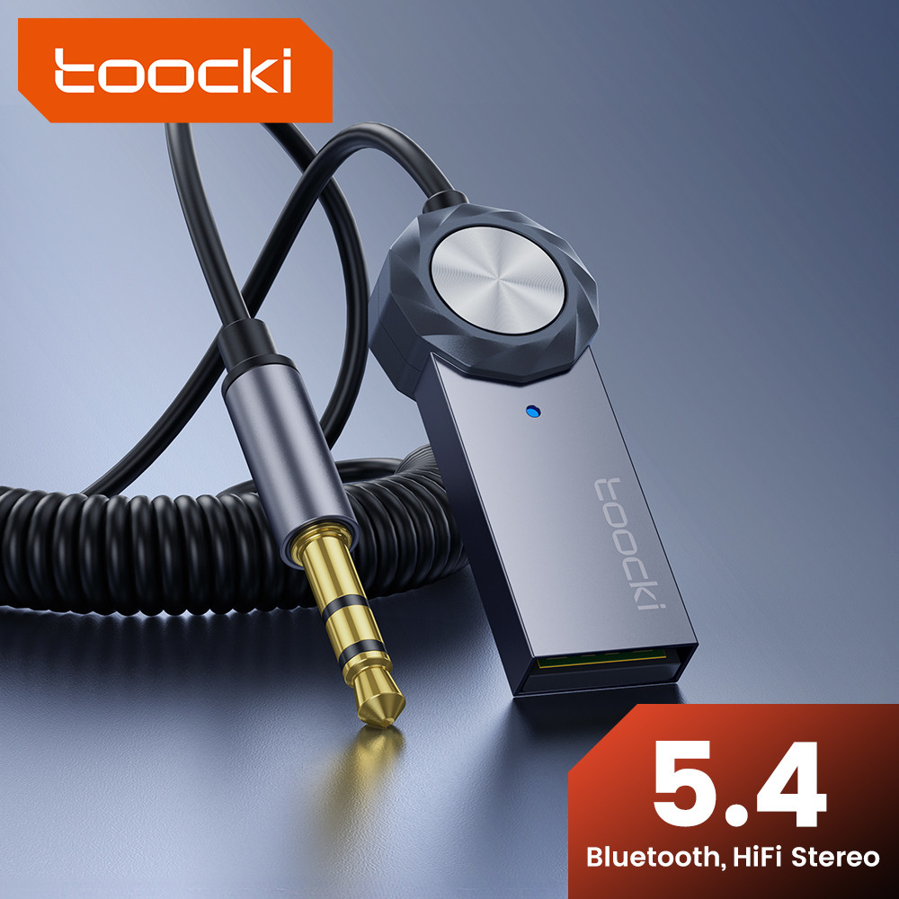 Adaptador Bluetooth 5.4 Sem Fio Toocki para Carro, USB para Jack de Áudio de 3,5mm, Kit Auxiliar Mãos-Livres, Receptor T