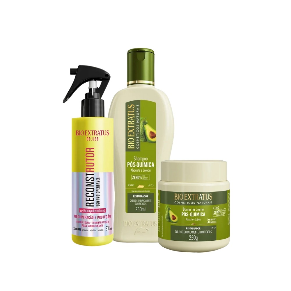 Kit Bio Extratus Shampoo Pós-Química 250mL+Reconstrutor Uso Indispensável be.use 210mL+Banho de Creme Pós-Química 250g em Oferta na Shopee