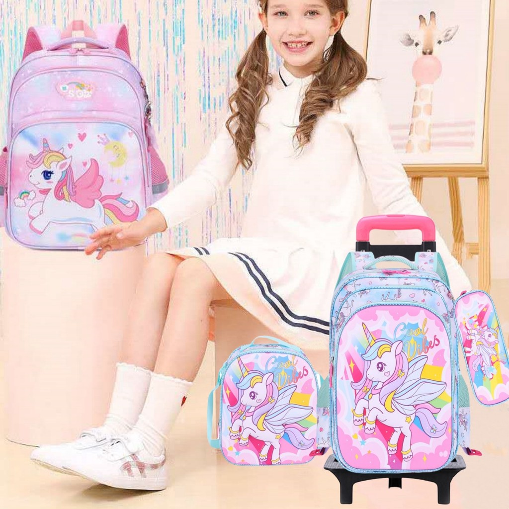 Kit 3 Mochila Escolar Infantil  16” 3D em PU com rodinhas lancheira e estojo para Menina e Menino
