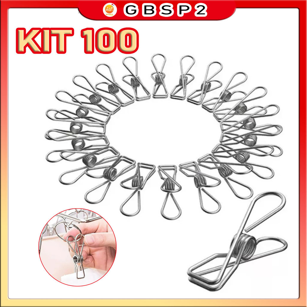 Kit 100 Prendedor de Roupa 100% Inox Pregador Roupa Foto Varal Inox Prendedores Pratico