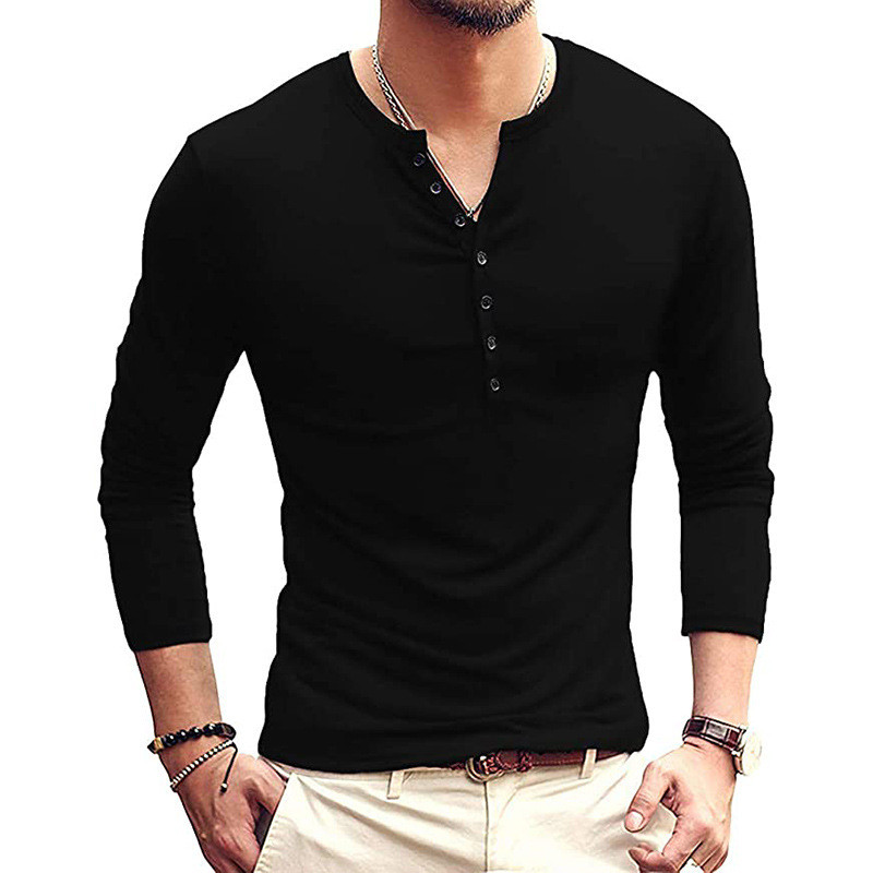 Camiseta Masculina Casual Slim Fit Básica Henley Manga Comprida Fashion Cor Sólida Tops Básicos Macios