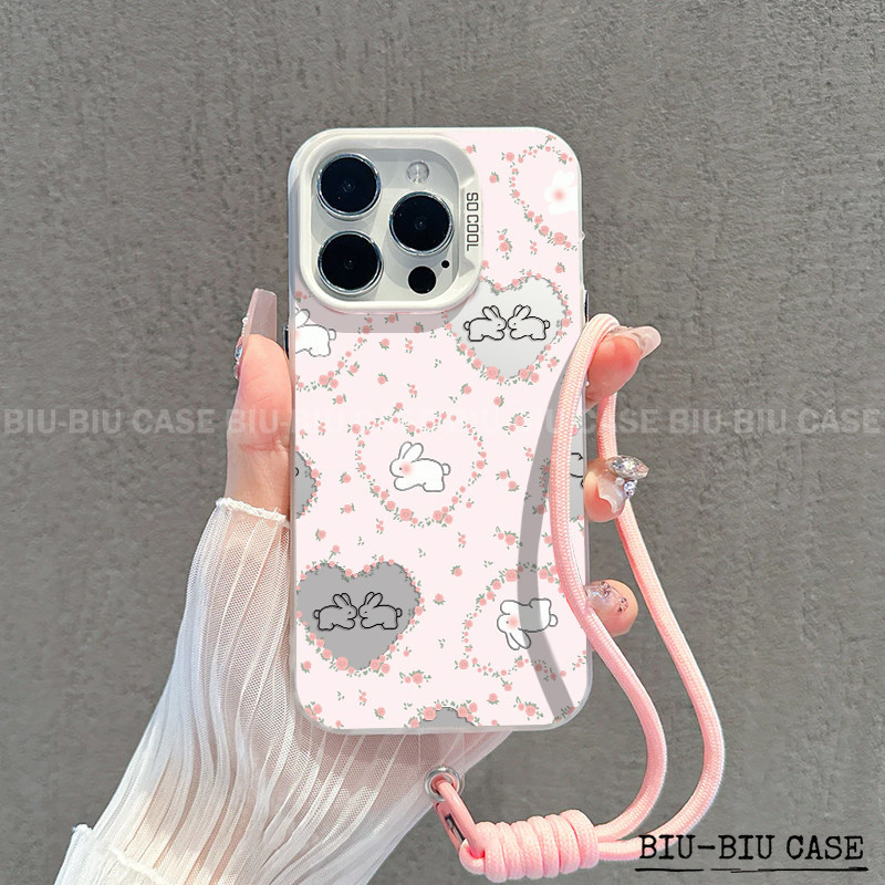 Capinha capa de Coração com Coelhinho iPhone 17 11 12 13 15 14 16 Pro Max Xr Xs Max 7+ 8+ pulseira rosa Capa TPU choque