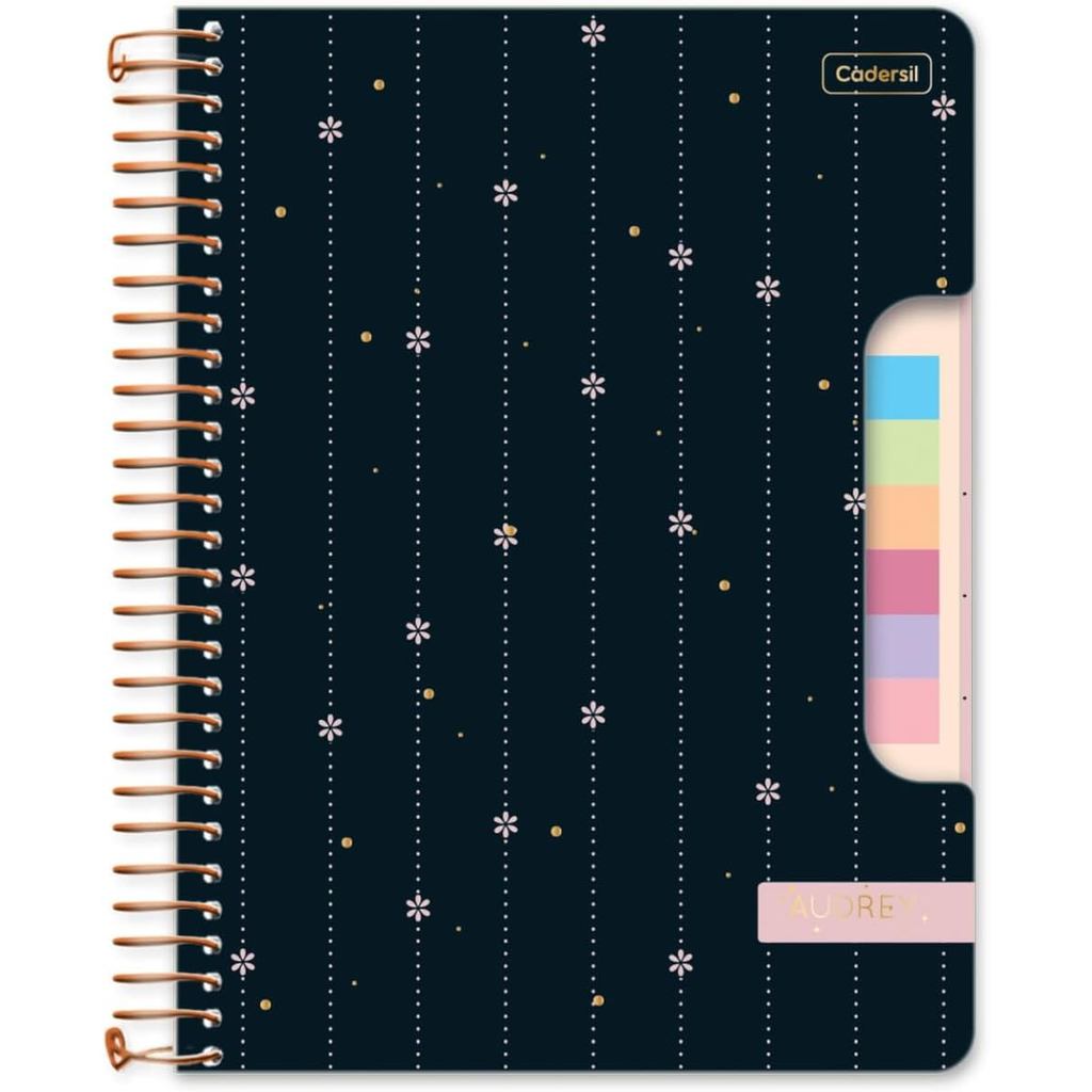 Caderno Colegial Espiralado com Blocos Adesivos | Capa Dura | 80 Folhas | Audrey Flor Preto